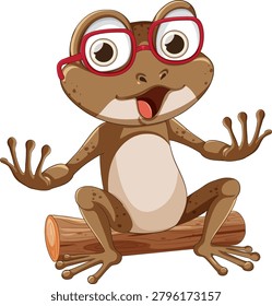 Smiling cartoon frog wearing red glasses, sitting on wooden log, isolated on white background