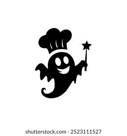 Smiling cartoon ghost wearing a chef's hat and holding a magic wand