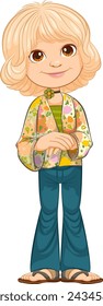 Smiling cartoon girl with blonde hair and handbag.