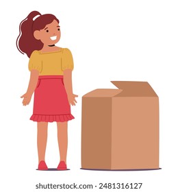 Smiling Cartoon Girl Character Demonstrating Prepositions Of Place Standing To The Left Of Large Cardboard Box. Vector Image For Educational Materials, Teaching Tools, And Children Learning Resources