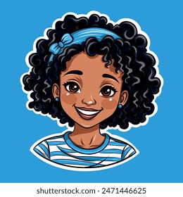 Smiling Cartoon Girl with Curly Hair and Blue Headband Vector Illustration 