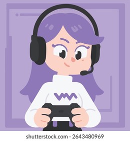 Smiling Cartoon Girl com fone de ouvido segurando um controlador de jogo