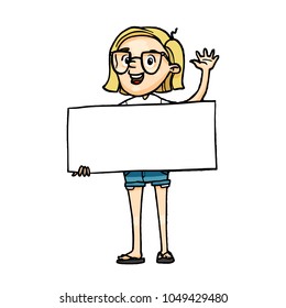 Smiling cartoon girl holding a blank board and greeting. Vector isolated hand drawn character with empty white banner for inscription.