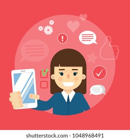 Smiling cartoon girl holding smartphone on red background with communication icons, vector illustration. Social media concept. Connecting people, social networking, virtual communication