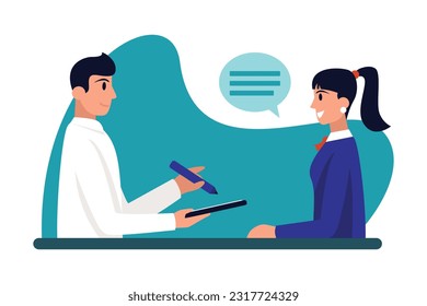 Smiling cartoon girl interviewing man for job. Process of selecting resumes and talking with candidates. Human resource management. Vector flat style illustration