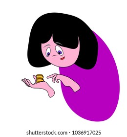 smiling cartoon girl with money in one hand counts them  