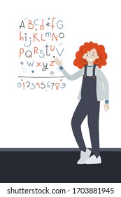 A smiling cartoon girl in overalls points to a poster with the English alphabet. Bright colours
