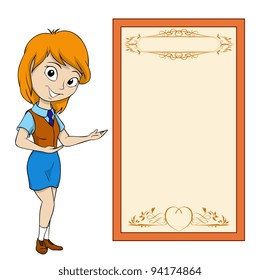 Smiling cartoon girl with place for text on placard. Vector illustration.