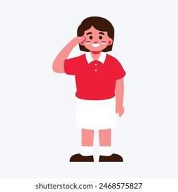 A smiling cartoon girl with short brown hair, wearing a red shirt and white skirt, saluting with a cheerful expression. Indonesia Independence