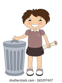 Smiling cartoon girl throwing out the trash 