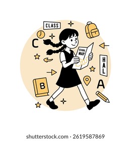 A smiling cartoon girl walking while holding a school map, finding her new classroom, surrounded by educational icons, in a modern flat vector illustrations