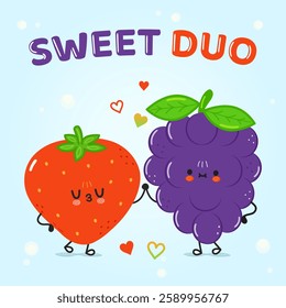 Smiling Cartoon Grape and Strawberry characters hold hands in a sweet friendship moment. Fruit duo brings joy with its playful expressions. Vector hand drawn cartoon kawaii character illustration icon