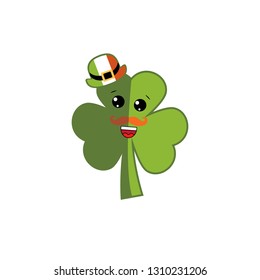 Smiling cartoon green clover in hat St. Patrick's day. Shamrock 