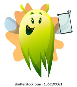 Smiling cartoon green monster with phone vector illustartion on white background