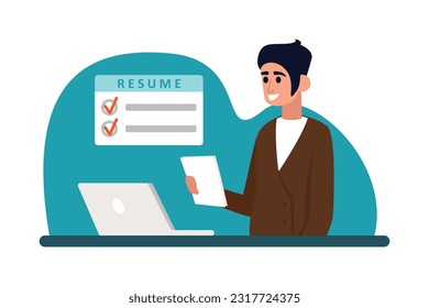 Smiling cartoon guy fills out resume for job. HR managers and job seekers. Process of selecting resumes and talking with candidates. Human resource management. Vector