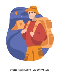 Lächelnder Cartoon-Typ im Hut geht nachts mit Rucksack zu Zelt. Entdecken Sie neue Orte während der Reise. Sommerurlaub. Reisebüro-Tour. Abenteuer Touristen und Reisende. Vektorgrafik