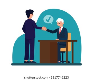 Smiling cartoon guy and manager agree to cooperate and shake hands. HR department managers conducting interviews with job seekers. Vector flat style illustration