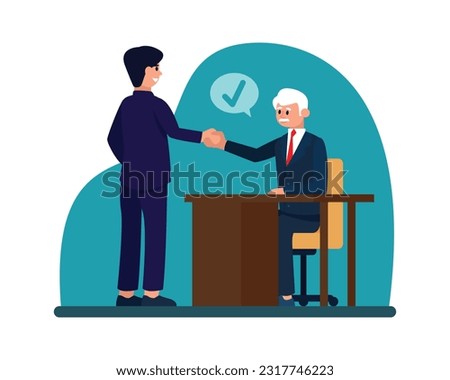 Smiling cartoon guy and manager agree to cooperate and shake hands. HR department managers conducting interviews with job seekers. Vector flat style illustration