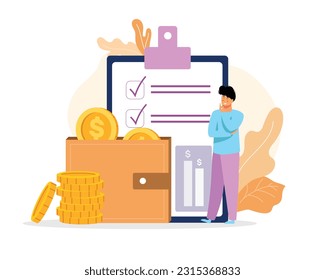 Un tipo sonriente de caricatura marca sus gastos en papel. La gente planea su presupuesto. Proceso de análisis de presupuesto personal o corporativo. Contabilidad y cálculo de los ingresos financieros. Vector