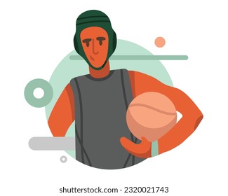 Smiling cartoon guy with protective helmet and ball in his hands getting ready to play rugby. Workout with sportive equipment. Active and healthy lifestyle. Vector