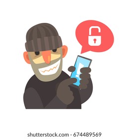 Smiling cartoon hacker holding a hacked smartphone cartoon vector Illustration