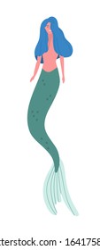 Smiling cartoon half woman and fish vector flat illustration. Colorful mythology creature mermaid with blue hair isolated on white background. Magical female water nymph