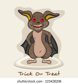Smiling cartoon of Halloween bat for Trick Or Treat party celebration on beige background.