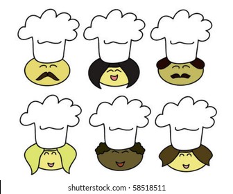 Smiling cartoon heads of chefs of multiple nationalities and both genders