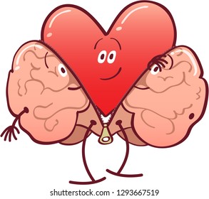 Smiling cartoon heart getting rid of its brain costume by unzipping it and revealing its true identity