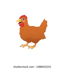 Smiling cartoon hen isolated on white background.