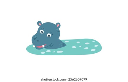 Smiling cartoon hippopotamus head emerging from water. Flat vector illustration isolated on white background. Animal character for children’s designs and education materials