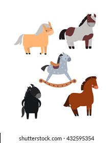 Smiling cartoon horses on white background and cartoon horse vector set