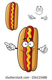 Smiling cartoon hotdog character with fresh bun, red hot sausage and yellow wavy line of mustard for fast food or barbecue party design