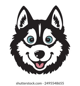 Vector de perro husky sonriente de dibujos animados con ojos azules. Perfecto para mascotas, logotipos o diseños divertidos. Ilustración de alta calidad ideal para proyectos de mascotas y Mercancía.