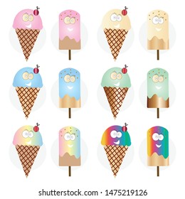 smiling cartoon ice creams in multiple colors vector set