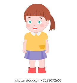 A smiling cartoon illustration of a young girl with reddish-brown hair in a ponytail, wearing a yellow shirt with a pocket, purple skirt, and red shoes.