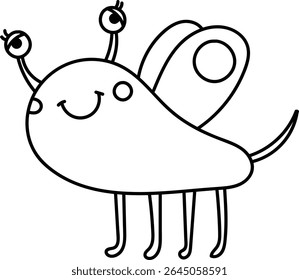 A smiling cartoon insect monster with big eyes and wings in a playful art style. The creature has antennae and a cheerful expression, depicted in a fun and lively manner. Cartoon vector illustration.