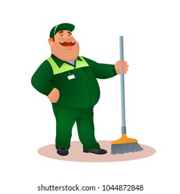 Smiling Cartoon Janitor With Mop. Funny Fat Character In Green Suit With Broom. Happy Flat Cleaner In Uniform From Janitorial Service Or Office Cleaning. Colorful Vector Illustration.