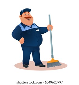 Smiling cartoon janitor with mop. Funny fat character in blue suit with broom. Happy flat cleaner in uniform from janitorial service or office cleaning. Colorful vector illustration.