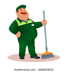 Smiling cartoon janitor with mop winks. Funny fat character in green suit with winking eye. Happy flat cleaner in uniform from janitorial service or office cleaning. Colorful vector illustration.