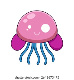 Smiling cartoon jellyfish with round eyes, pink dome head, and purple tentacles. Cute sea animal illustration ideal for kids, marine designs, and playful ocean-themed projects.