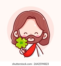 Jesus segurando um trevo verde de quatro folhas, usando uma faixa vermelha com um fundo pacífico. Ótimo para fé, bênção e ilustrações com temas de sorte.