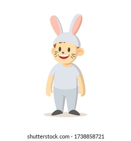 Smiling cartoon kid dressed as a bunny. Colorful flat vector illustration, isolated on white background.