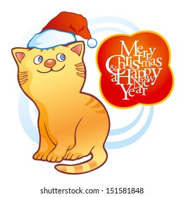 Smiling cartoon kitten wearing christmas cap