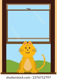 A smiling cartoon kitty is sitting in a window