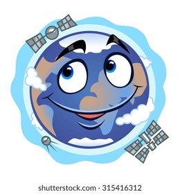 Smiling cartoon live Earth with three satellite.