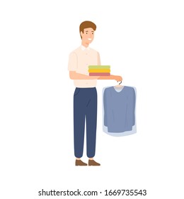 Smiling cartoon male courier delivery dry cleaning clothes vector flat illustration. Positive man worker of laundry service holding colorful clean clothes isolated on white. Cleanup clothing serve