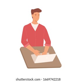 Smiling cartoon male working use laptop on table vector graphic illustration. Positive colored man programmer on notebook using digital display technology isolated on white background