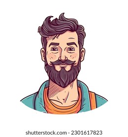 Smiling cartoon man with beard and mustache isolated