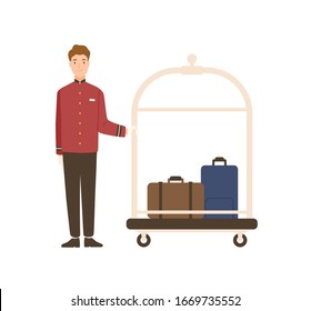 Smiling cartoon man bellman standing with luggage vector flat illustration. Joyful male baggage transportation worker isolated on white background. Professional hotel staff in uniform